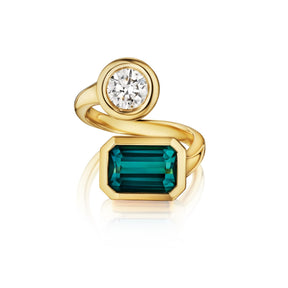 Bezel Set Toi et Moi Wrap Ring with Round Diamond and Emerald Cut Tourmaline in Yellow Gold