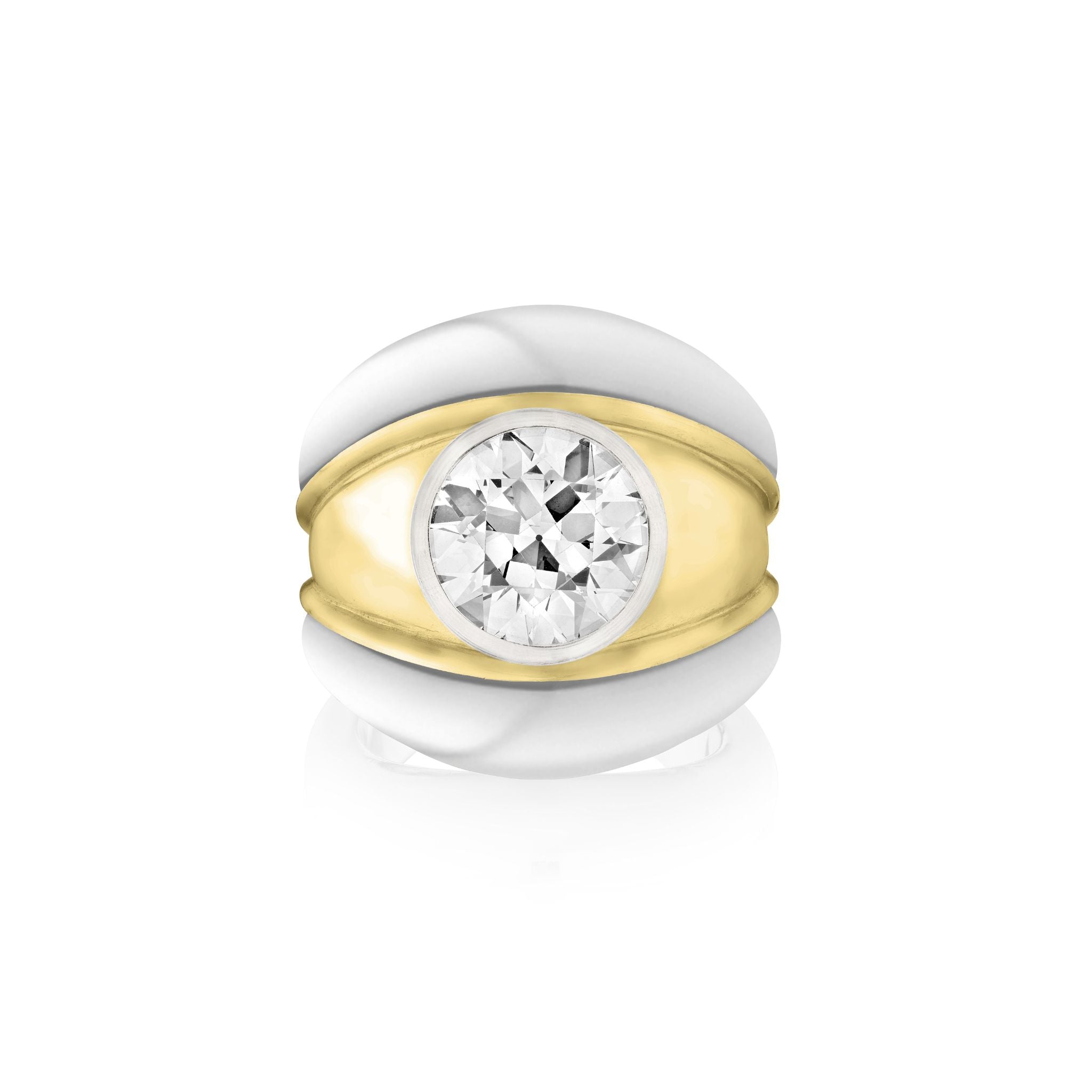 The Round Diamond Engagement Ring features a round diamond set in the center, with a wide yellow gold band bordered by smooth white gold edges, displayed against a white background.