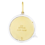 The America250 Pavé Star Medallion Pendant in Yellow Gold is a round gold and silver star pendant engraved with AD ASTRA 1776-2026, marked 12K, handcrafted in New York, with a gold loop on top and a small speech bubble-shaped detail.