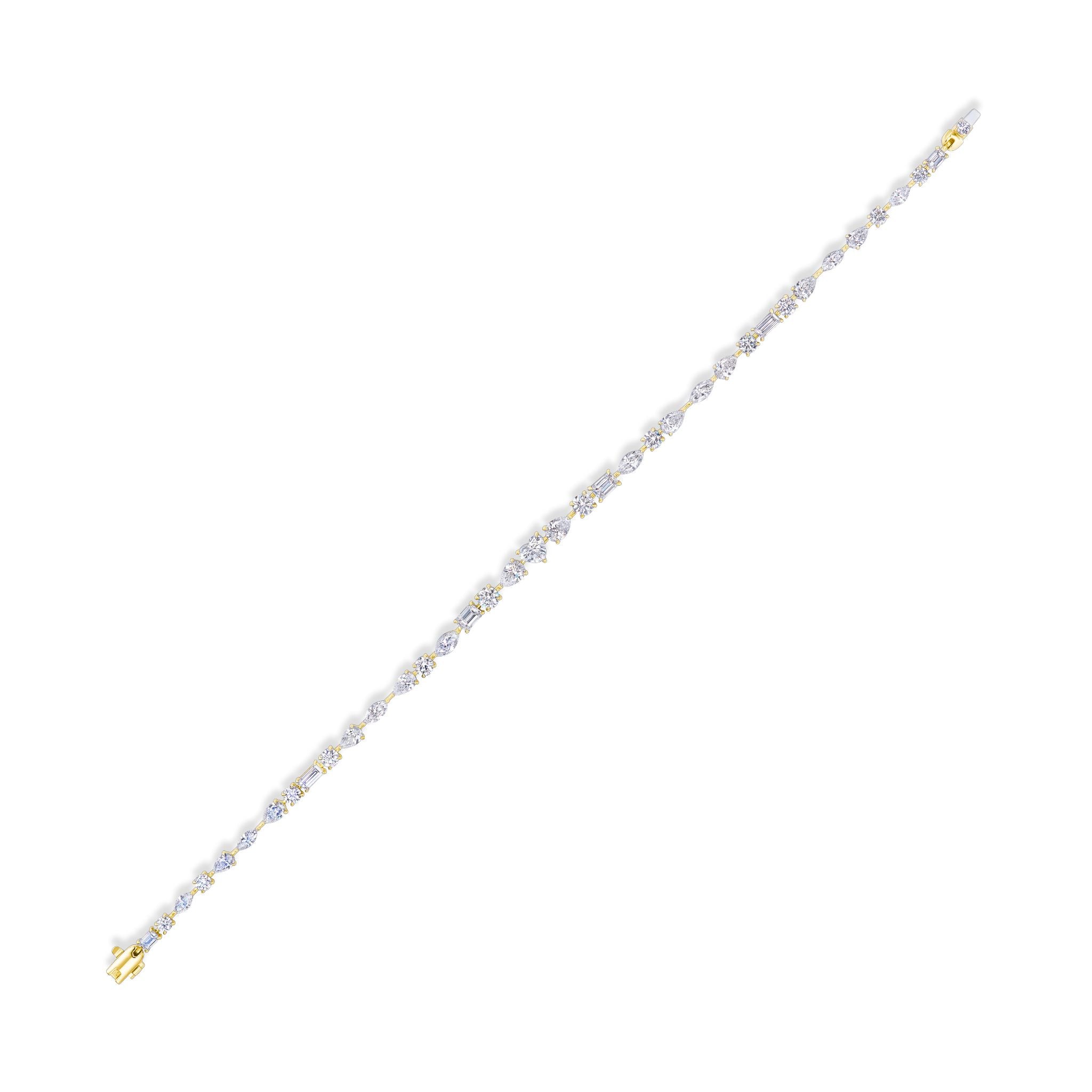 The Heart Shape Centered Mixed Shape Prong Set Diamond Tennis Bracelet showcases a row of sparkling diamonds in various shapes, centered with a heart design, set in gold and displayed on a white background.