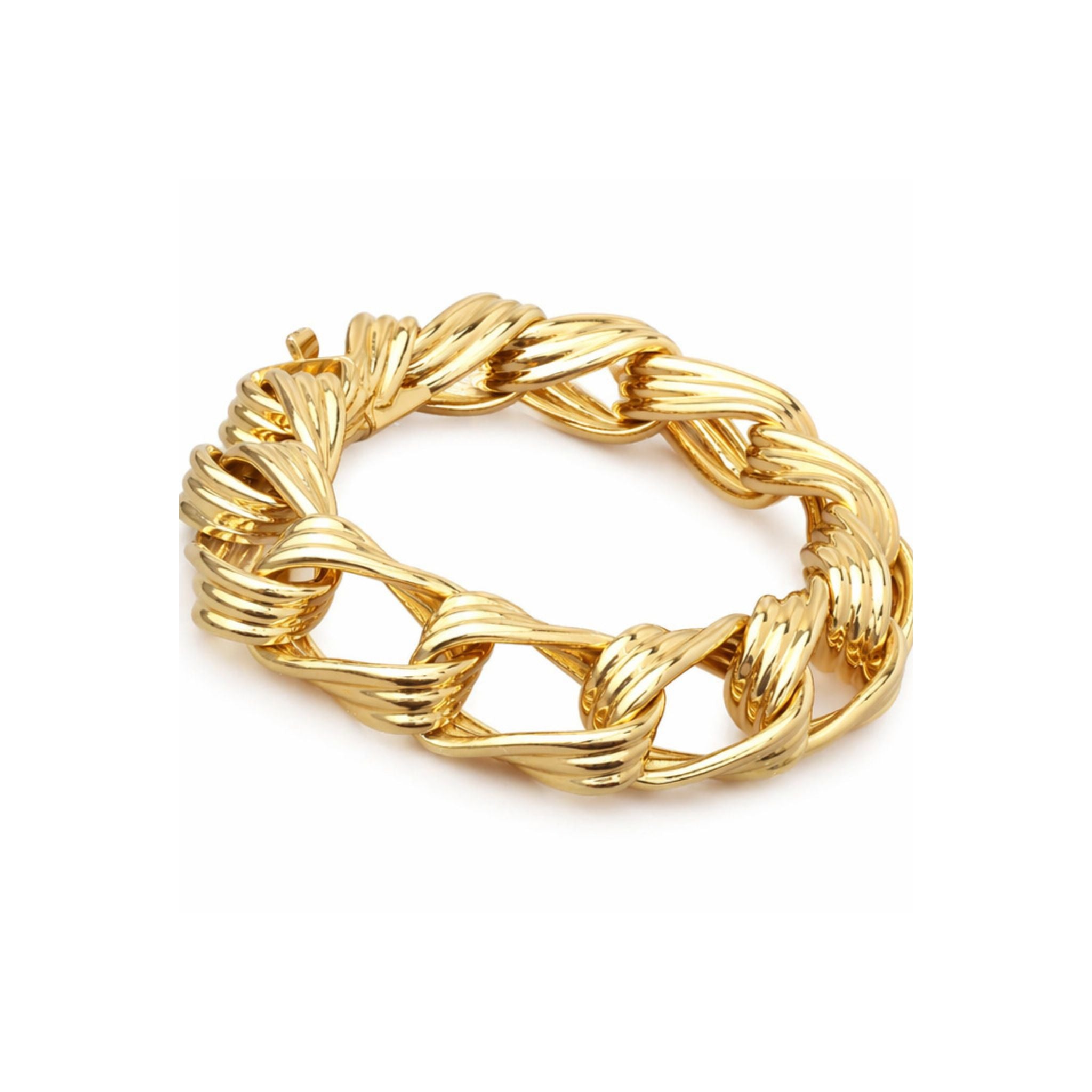 The Van Cleef & Arpels Reeded Gold Link Bracelet showcases intricate, twisted reeded gold links with open spaces, creating a woven, textured look reminiscent of the brand's signature style against a plain white background.