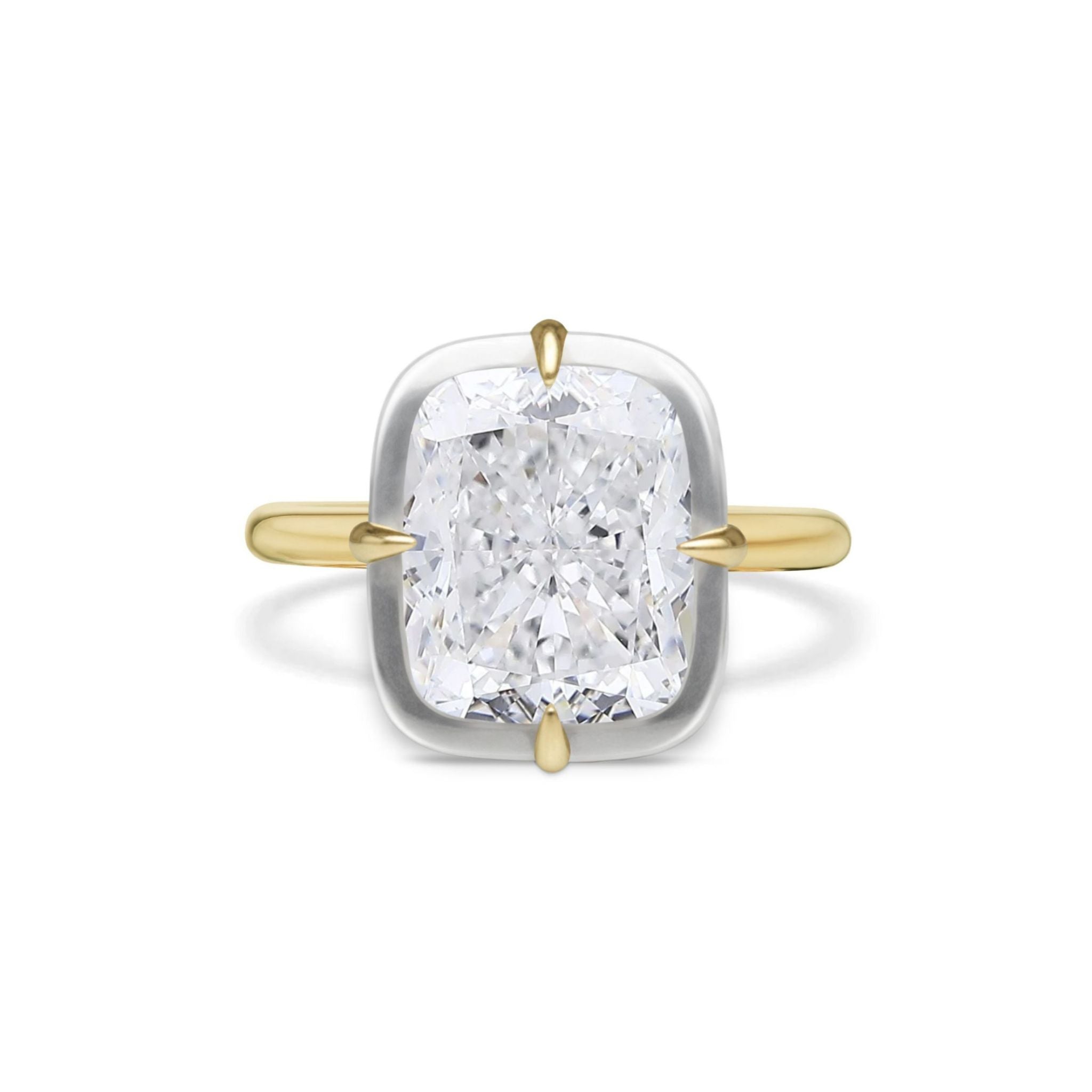 Collet Set Cushion Cut Diamond Engagement Ring in White Gold and Yellow Gold, featuring a cushion-cut diamond secured by four prongs in a platinum bezel setting atop a yellow gold band, displayed against a white background.
