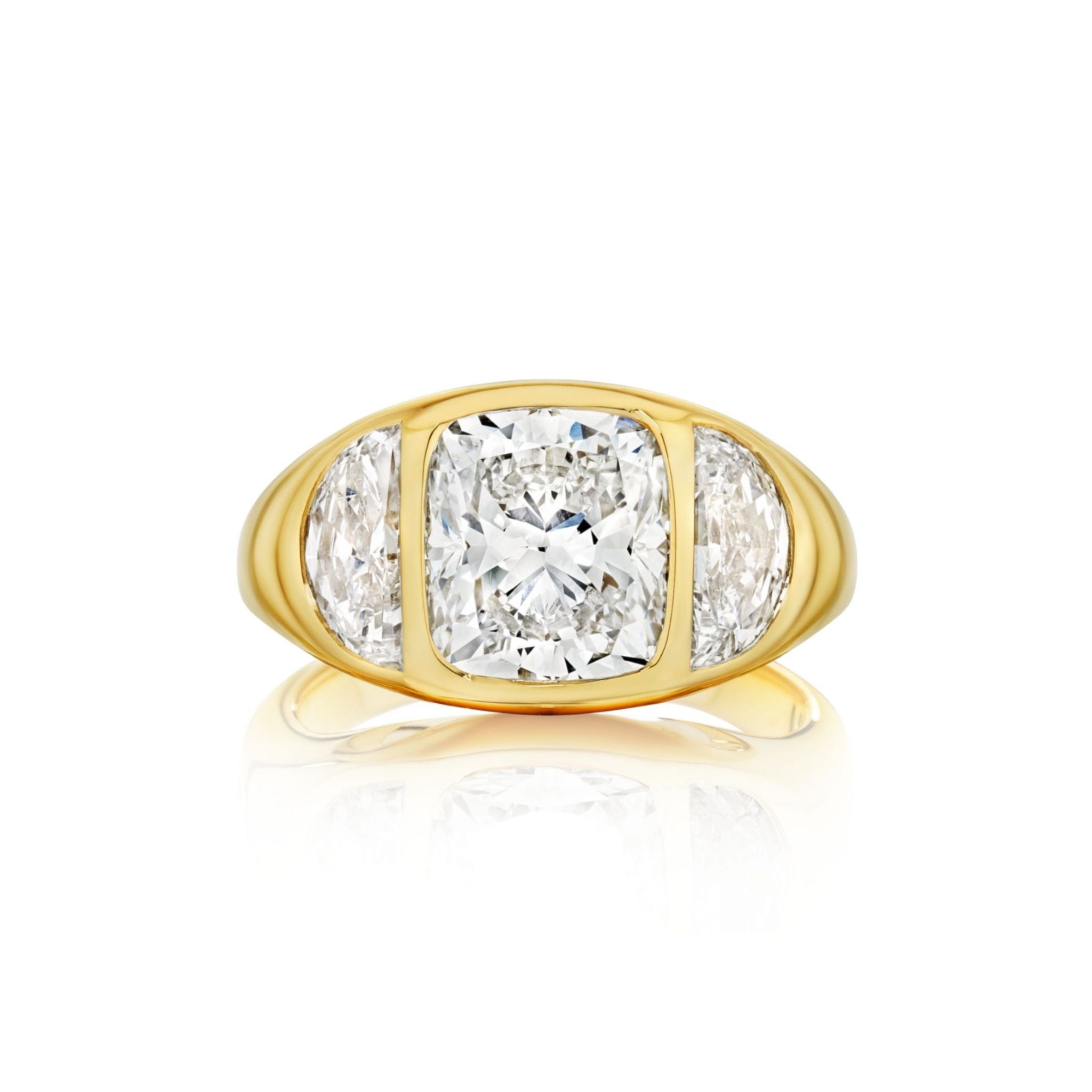 Introducing the Burnish Set Cushion Diamond Engagement Ring with Half Moon Side Stones, showcasing a striking cushion-cut diamond at its center, gracefully complemented by two sparkling half moon side stones and elegantly set on a polished yellow gold band.