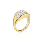 A Burnish Set Cushion Diamond Engagement Ring with Half Moon Side Stones, showcasing a thick gold band. It features a stunning cushion-cut center diamond flanked by sparkling half moon side stones, all set atop the band and displayed against a white background for an elegant and brilliant presentation.