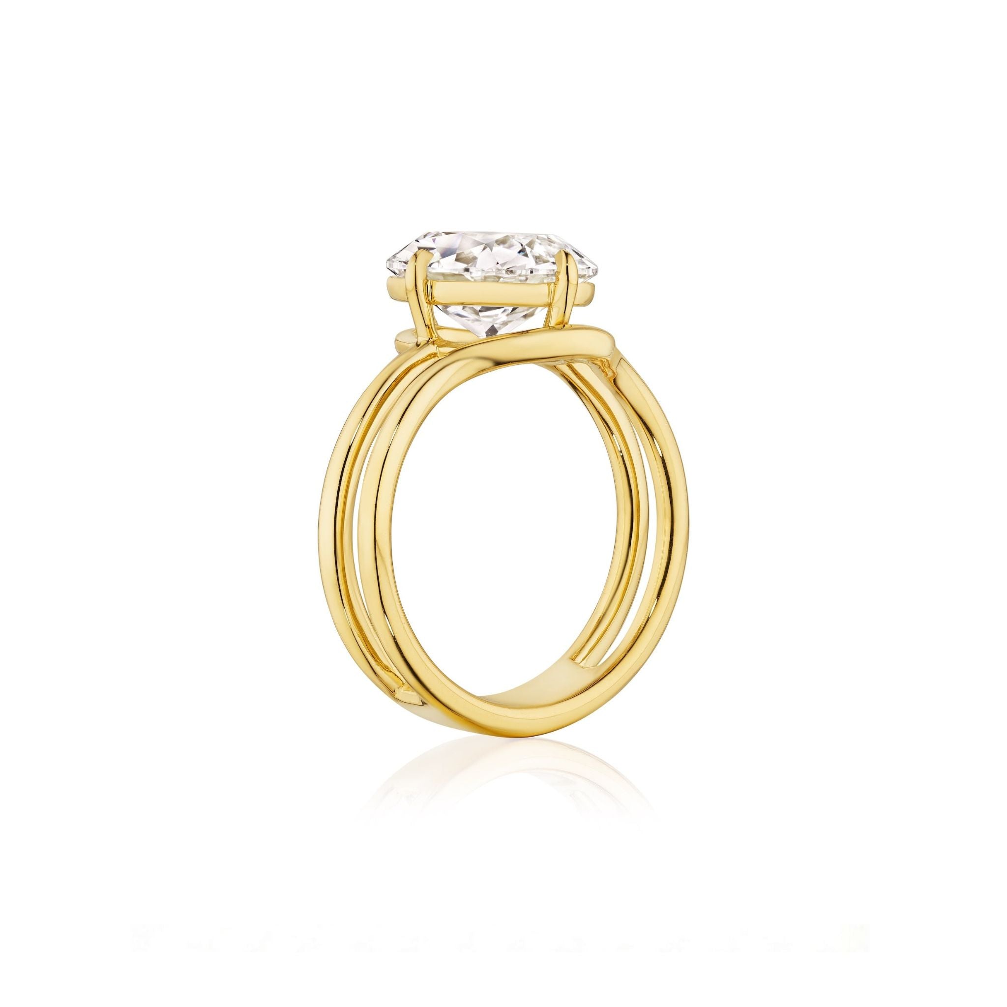 A side view of the Double Band North-South Prong Set Cushion Cut Diamond Engagement Ring in yellow gold, featuring an 18k gold band and a large cushion-cut diamond set in a unique north-south four-prong setting, displayed on a white background.