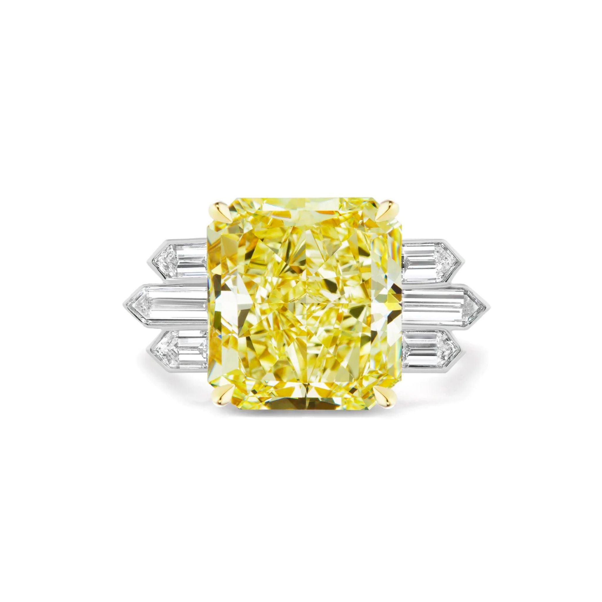 The Art Deco Engagement Ring with Fancy Yellow Radiant Cut Diamond and Bullet Baguette Side Stones features a large rectangular yellow diamond center, complemented by three horizontally set baguette-cut white diamonds on each side. Displayed against a white background, this exquisite bespoke design is perfect for those seeking a truly unique engagement ring.