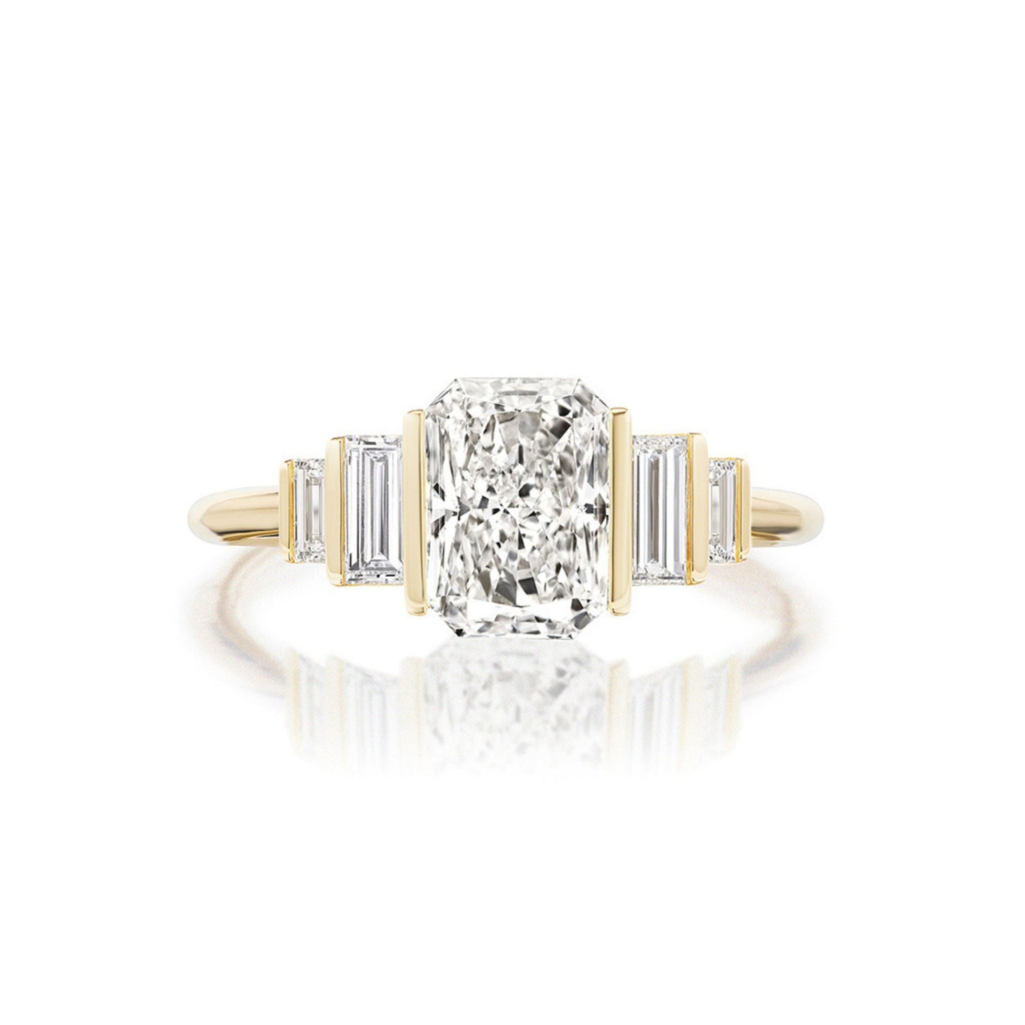 Echo Emerald Cut Diamond Engagement Ring featuring an emerald-cut center diamond and baguette diamond accents on each side, displayed against a white background with a subtle reflection below.