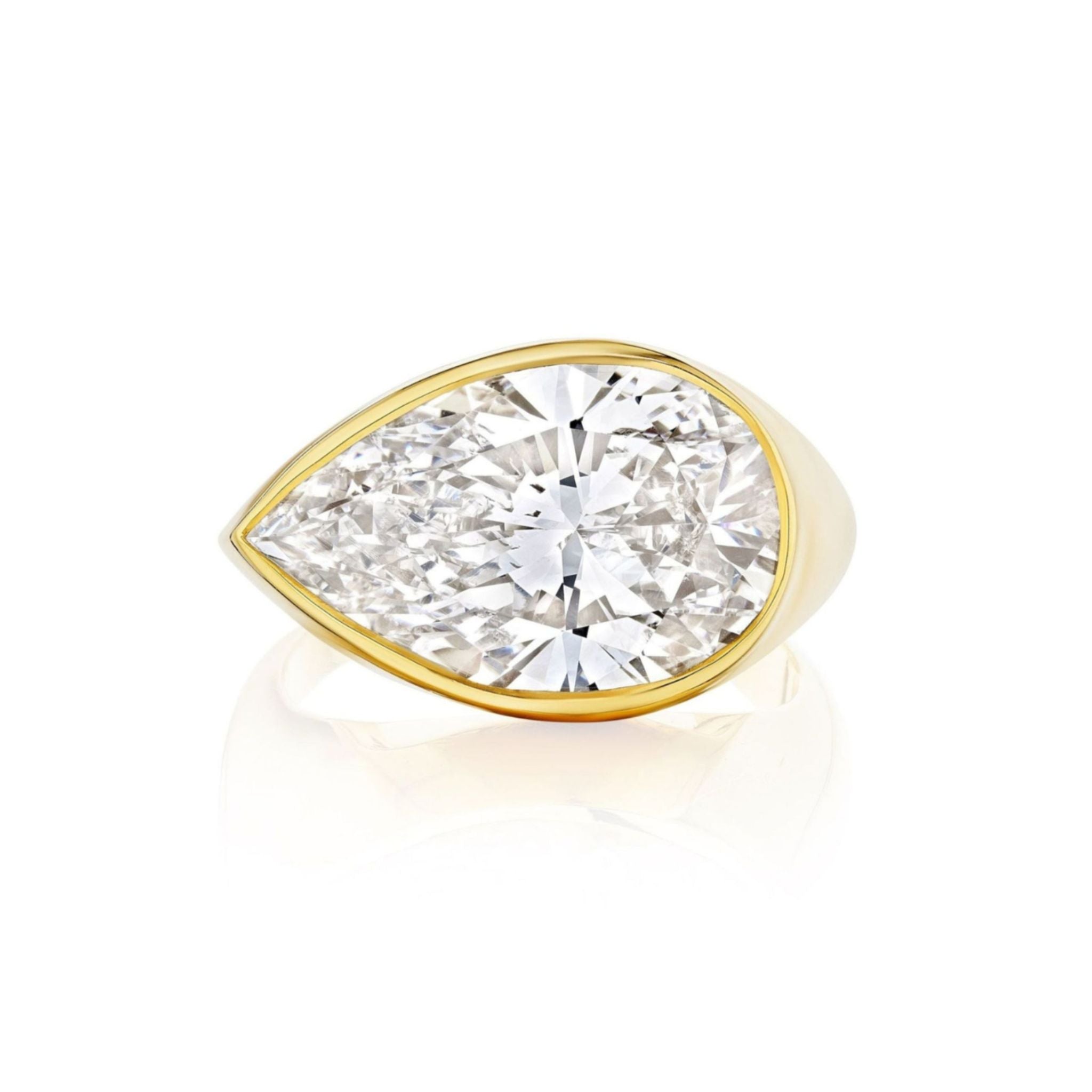 An elegant East-West Bezel Set Pear Shape Diamond Ring in yellow gold, showcasing a striking pear-shaped diamond, displayed against a white background.