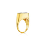 An East-West Bezel Set Pear Shape Diamond Ring in yellow gold is displayed from a side profile on a white background. The classic design emphasizes the elegant simplicity of the yellow gold setting and the unique pear-shaped diamond.