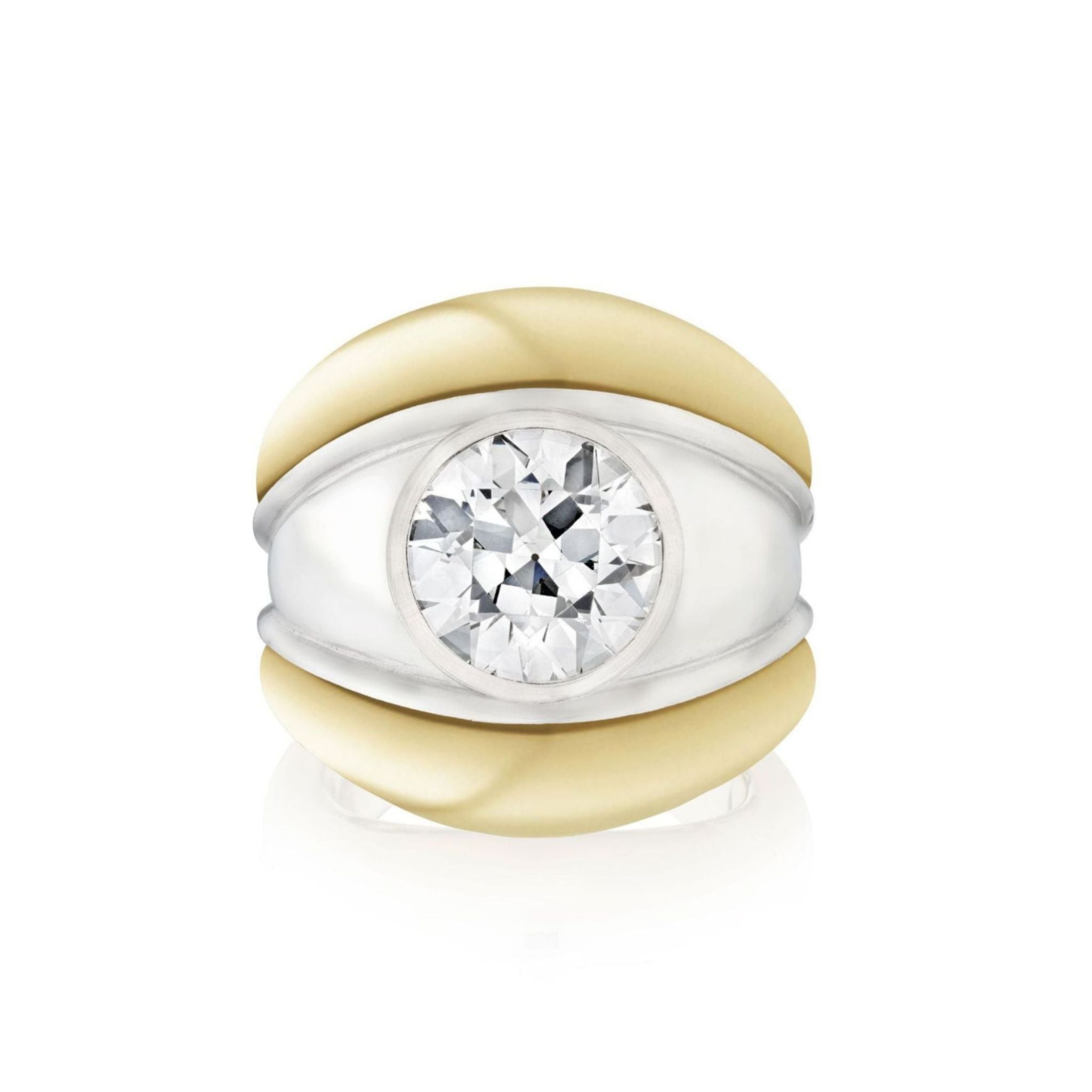 Round Diamond Engagement Ring with a white gold band set in yellow gold, featuring a large round diamond at the center and smooth, curved yellow gold accents on the top and bottom.