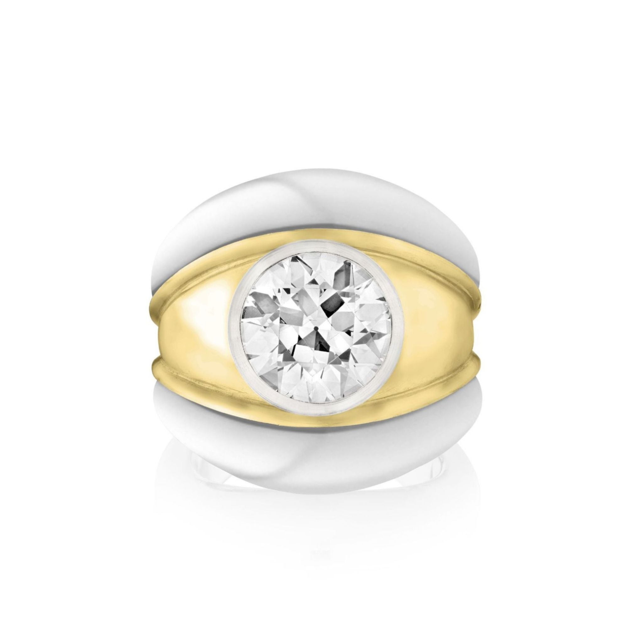 A round diamond engagement ring features a large, clear center diamond set within a yellow gold section, bordered by smooth white gold on either side of the wide band.