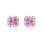 Mosaic Studs in Rose Gold featuring pink asscher cut sapphires accented by sparkling baguette diamonds.