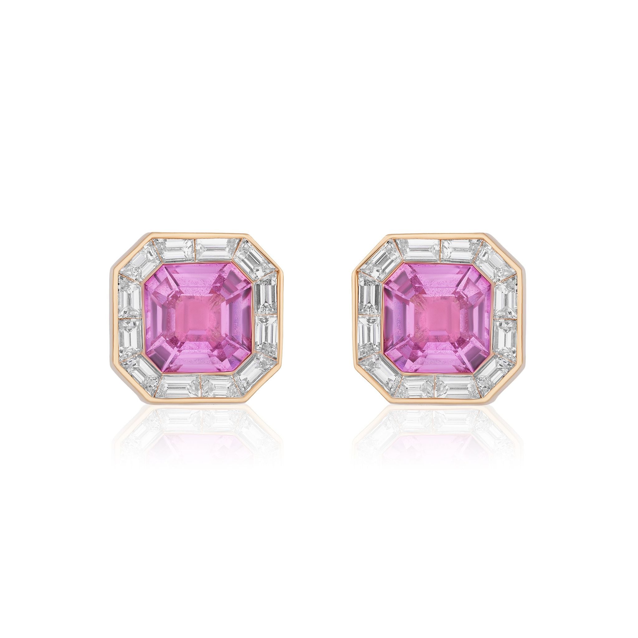 Mosaic Studs in Rose Gold featuring pink asscher cut sapphires accented by sparkling baguette diamonds.