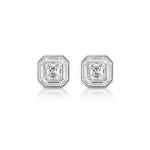 A pair of Mosaic Studs with Asscher Cut Diamonds in white gold, featuring an octagonal design with a central Asscher cut diamond surrounded by baguette-cut diamonds.