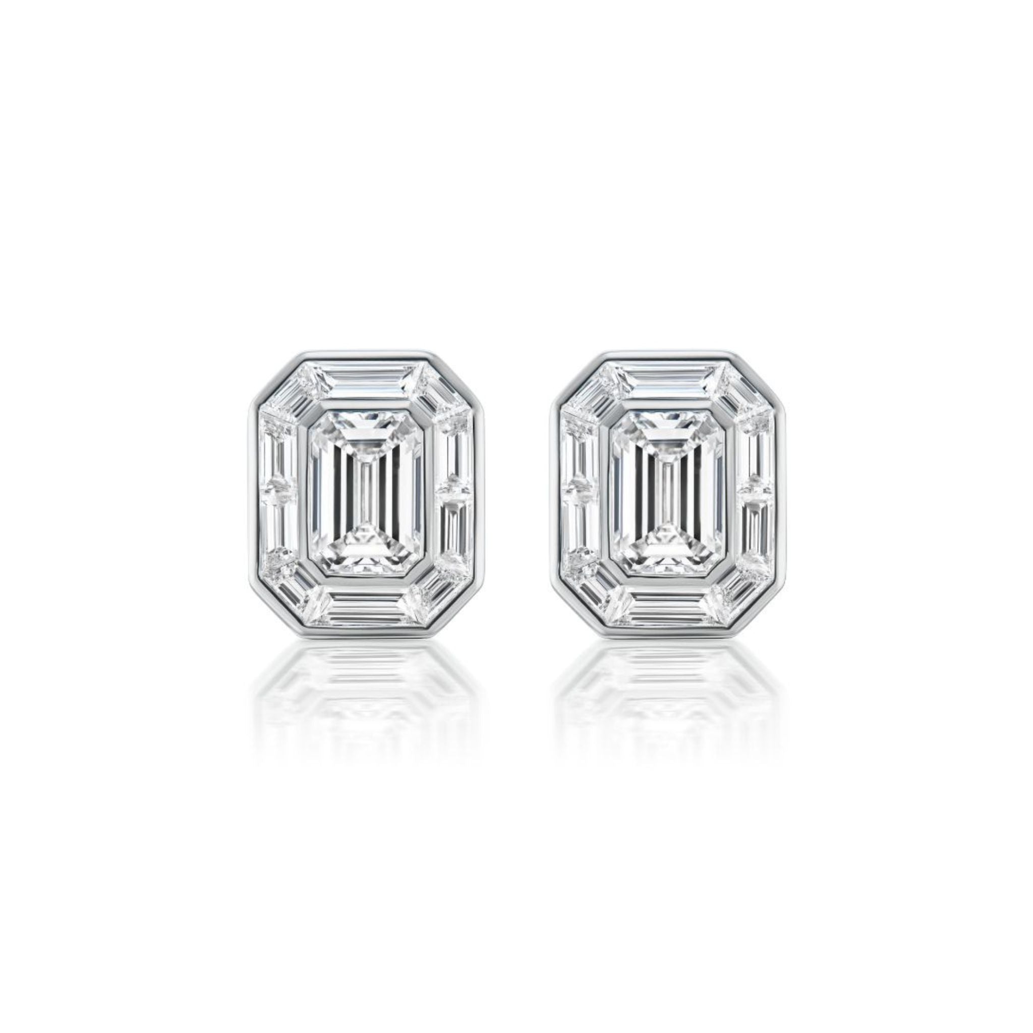 The Mosaic Studs in White Gold with Emerald Cut Diamonds are displayed against a plain white background.