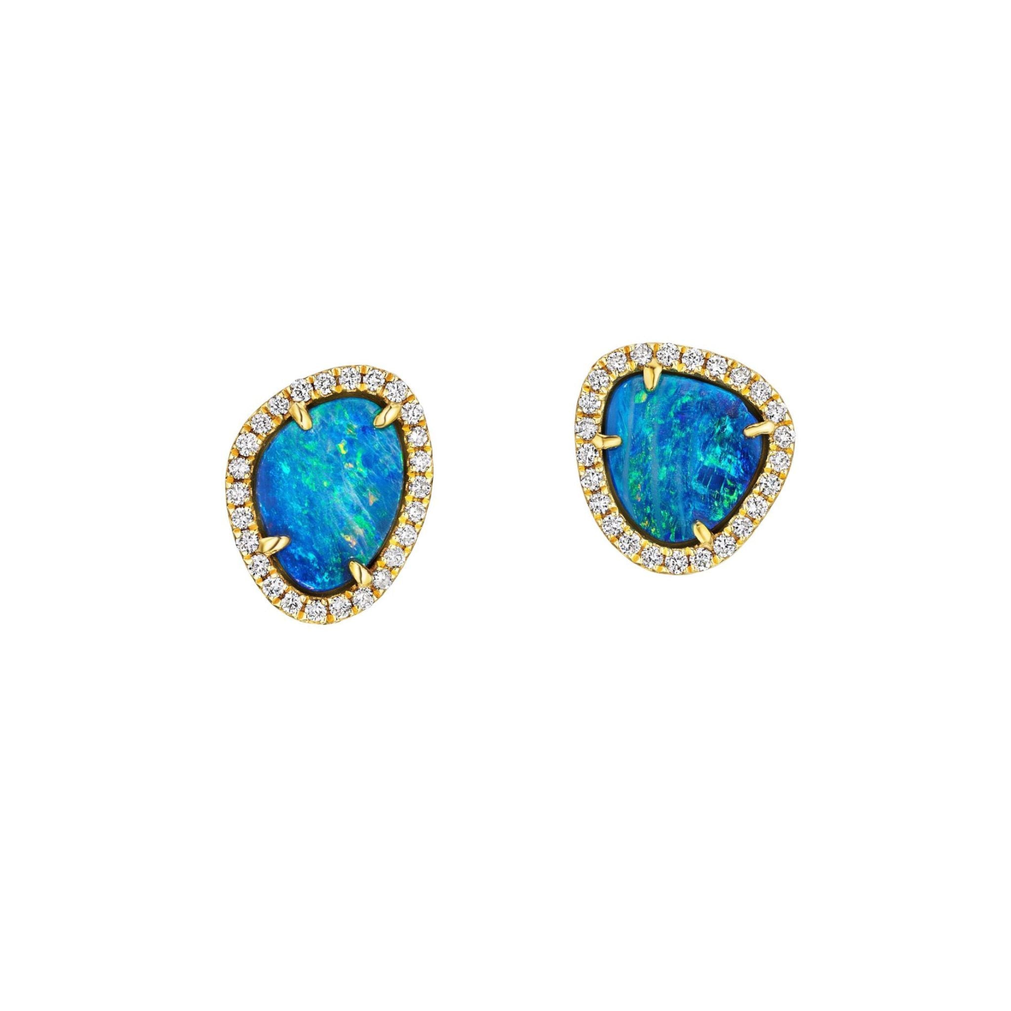Opal Pavé Studs in Yellow Gold, featuring irregularly shaped blue opals encircled by a sparkling diamond pavé border, are displayed on a white background.