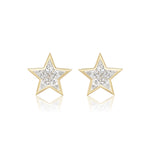 Bezel Set Kite Diamond Star Studs in Yellow Gold feature a pair of elegant star-shaped earrings crafted from luxurious 18k yellow gold, each centered with a clear, sparkling gemstone of SI clarity. Displayed on a white background with a subtle reflection beneath, these studs capture the brilliance and sophistication reminiscent of a classic kite diamond ring.