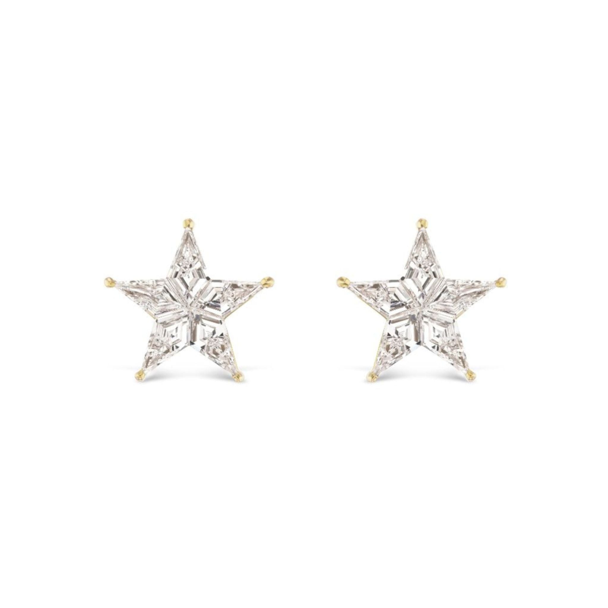 Diamond Star Studs in Yellow Gold, crafted from 18k yellow gold with gold prongs and set with sparkling G-H color diamonds in a star-shaped design, shown against a plain white background.