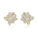 Bezel Set Mixed Shape Diamond Cluster Earrings in Yellow Gold, crafted in 18k yellow gold, showcase clusters of round, oval, marquise, and baguette-cut diamonds arranged in a floral pattern with subtle pear-shaped accents for added elegance.