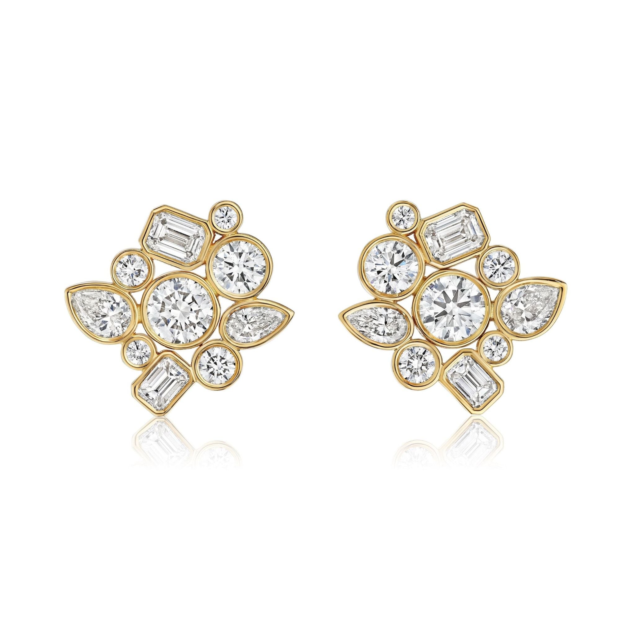 Bezel Set Mixed Shape Diamond Cluster Earrings in Yellow Gold, crafted in 18k yellow gold, showcase clusters of round, oval, marquise, and baguette-cut diamonds arranged in a floral pattern with subtle pear-shaped accents for added elegance.