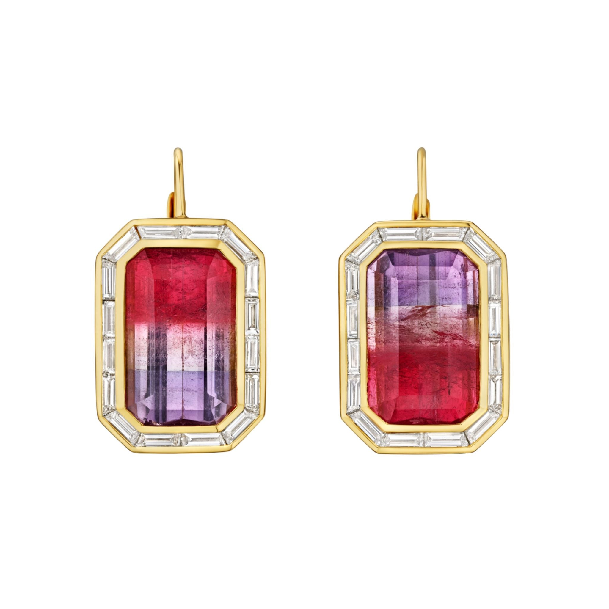 A pair of Watermelon Tourmaline Drop Earrings with Baguette Diamond Halo in Yellow Gold, featuring radiant rectangular multicolored watermelon tourmalines in vibrant red and purple hues, each elegantly framed by sparkling clear baguette diamonds and set in luxurious 18k yellow gold.