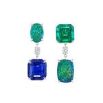 Asscher Cut Sapphire, Emerald, Oval Boulder Opal and Diamond Drop Earrings in White Gold showcase a mismatched design with vibrant blue, green, and teal gemstones—including Asscher cut sapphires and emeralds as well as oval boulder opals—linked by small white diamonds and set in elegant 18k white gold prongs against a white background.