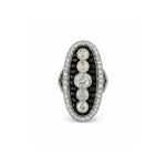 The Onyx and Diamond Ring features an oval-shaped platinum design from the 1930s, showcasing a central row of five old mine-cut diamonds, encircled by calibré-cut onyx and bordered with small white diamonds.