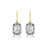 Collet Set Emerald Cut Diamond Drop Earrings in Black Rhodium and Yellow Gold, crafted from 18k yellow gold with emerald-cut diamond gemstones set in a rectangular prong-set frame, shown against a white background.