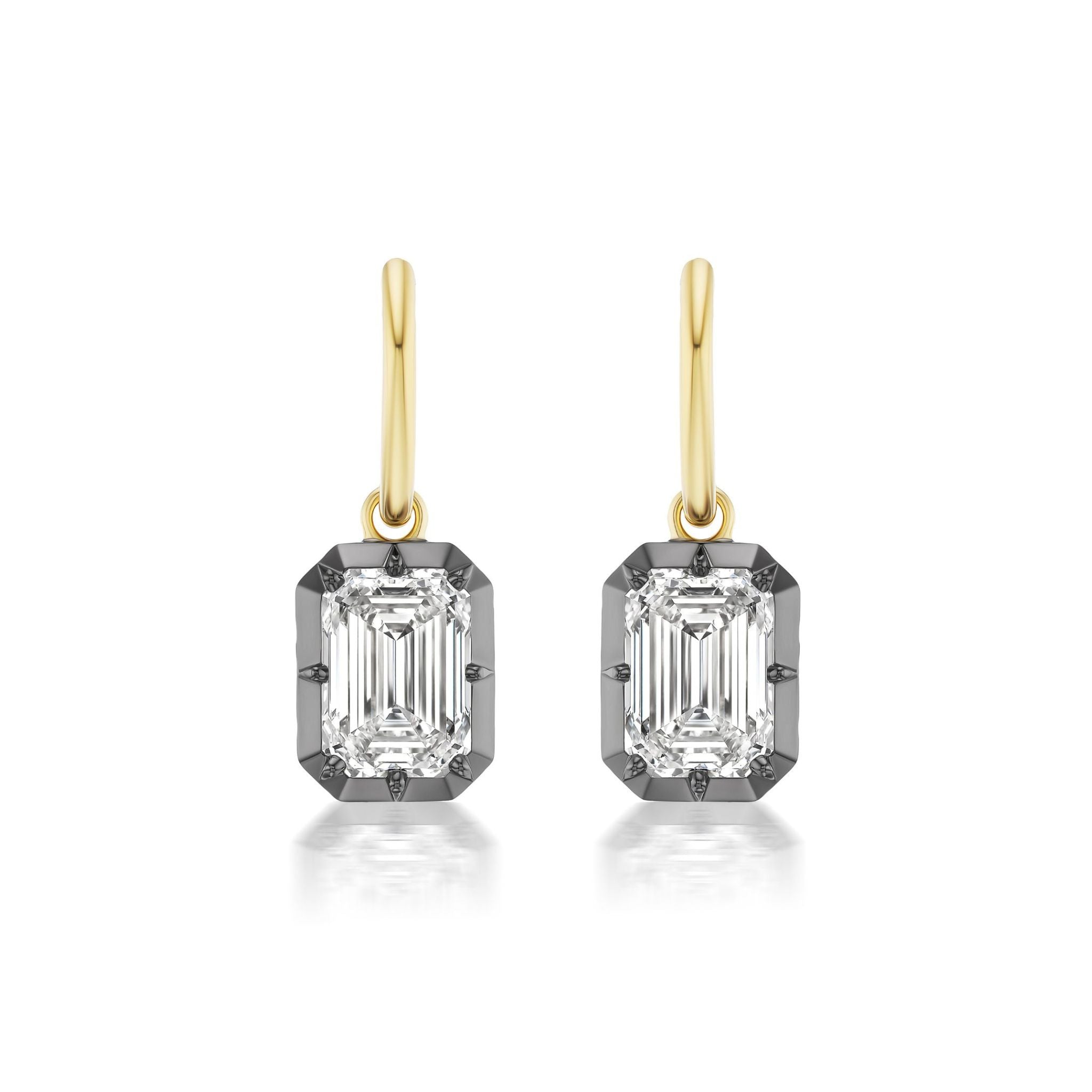 Collet Set Emerald Cut Diamond Drop Earrings in Black Rhodium and Yellow Gold, crafted from 18k yellow gold with emerald-cut diamond gemstones set in a rectangular prong-set frame, shown against a white background.