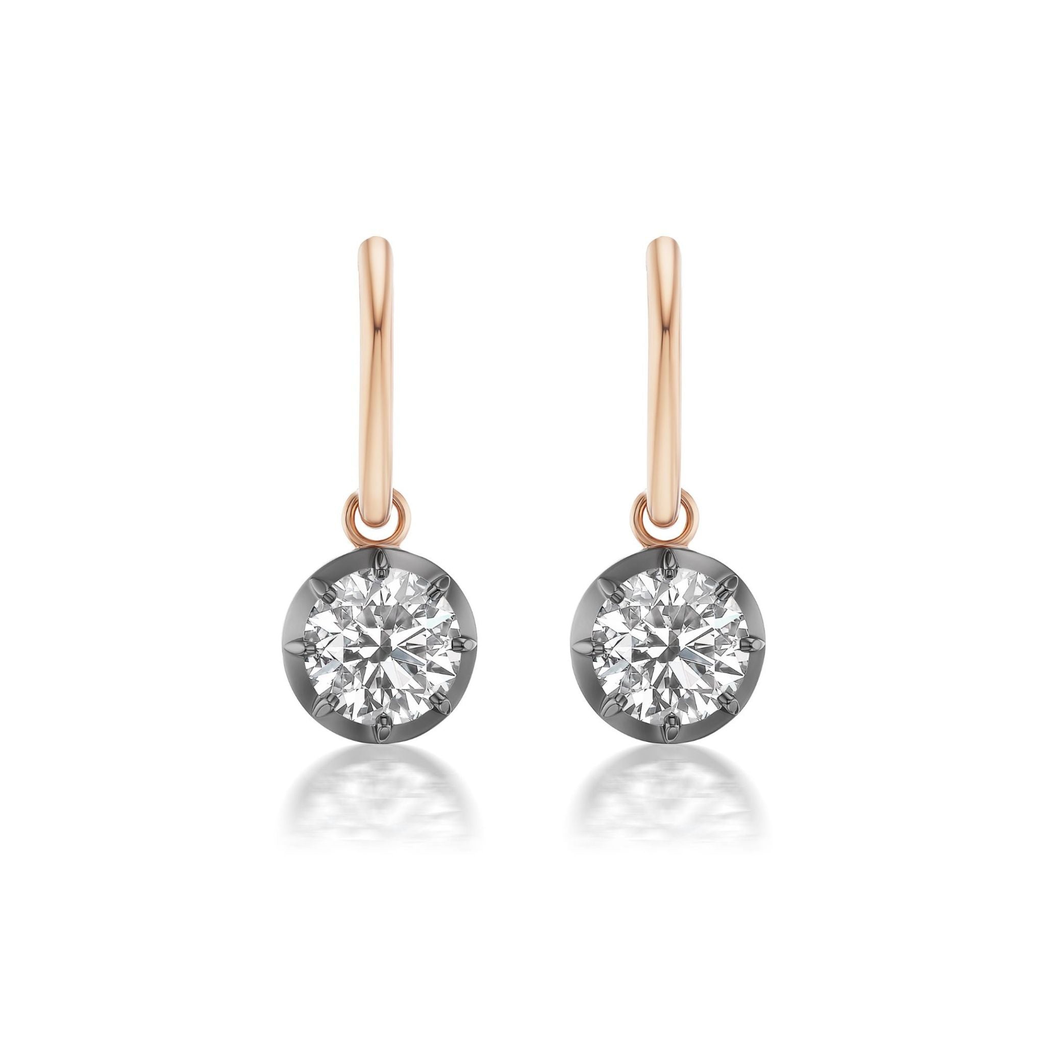 A pair of Collet Set Round Diamond Earrings in Black Rhodium and Rose Gold, featuring round diamonds in a four-prong setting, displayed on a white background.