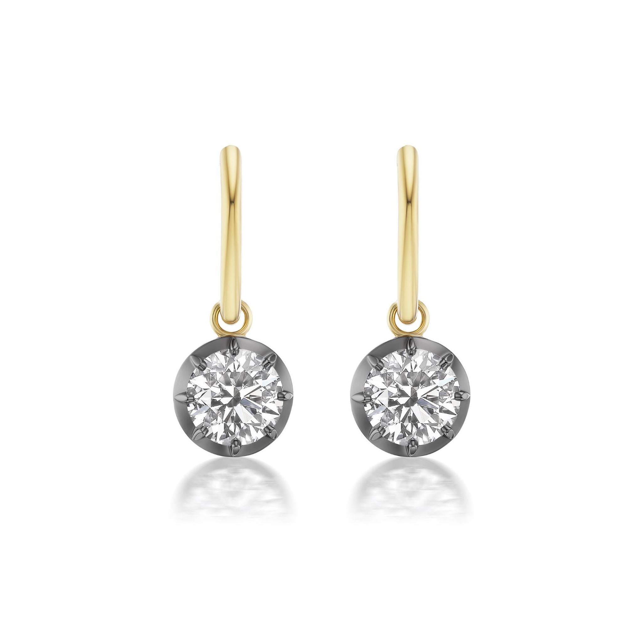 Collet Set Round Diamond Earrings in Yellow Gold and Black Rhodium, featuring round diamonds elegantly set in 18k yellow gold with striking black rhodium accents, displayed on a white background.
