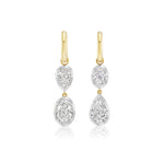 Collet Set Oval Shape and Pear Shape Earrings in White Gold and Yellow Gold, featuring gold hoops adorned with two dangling clear gemstones—one oval-shaped, one teardrop-shaped—reminiscent of oval and pear diamonds, beautifully set in lustrous 18k gold and displayed on a white background.