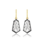 Collet Set Shield Shape Diamond Drop Earrings feature geometric, shield-shaped diamonds set in sleek black rhodium frames and suspended from delicate 18k yellow gold hooks, shown against a white background.