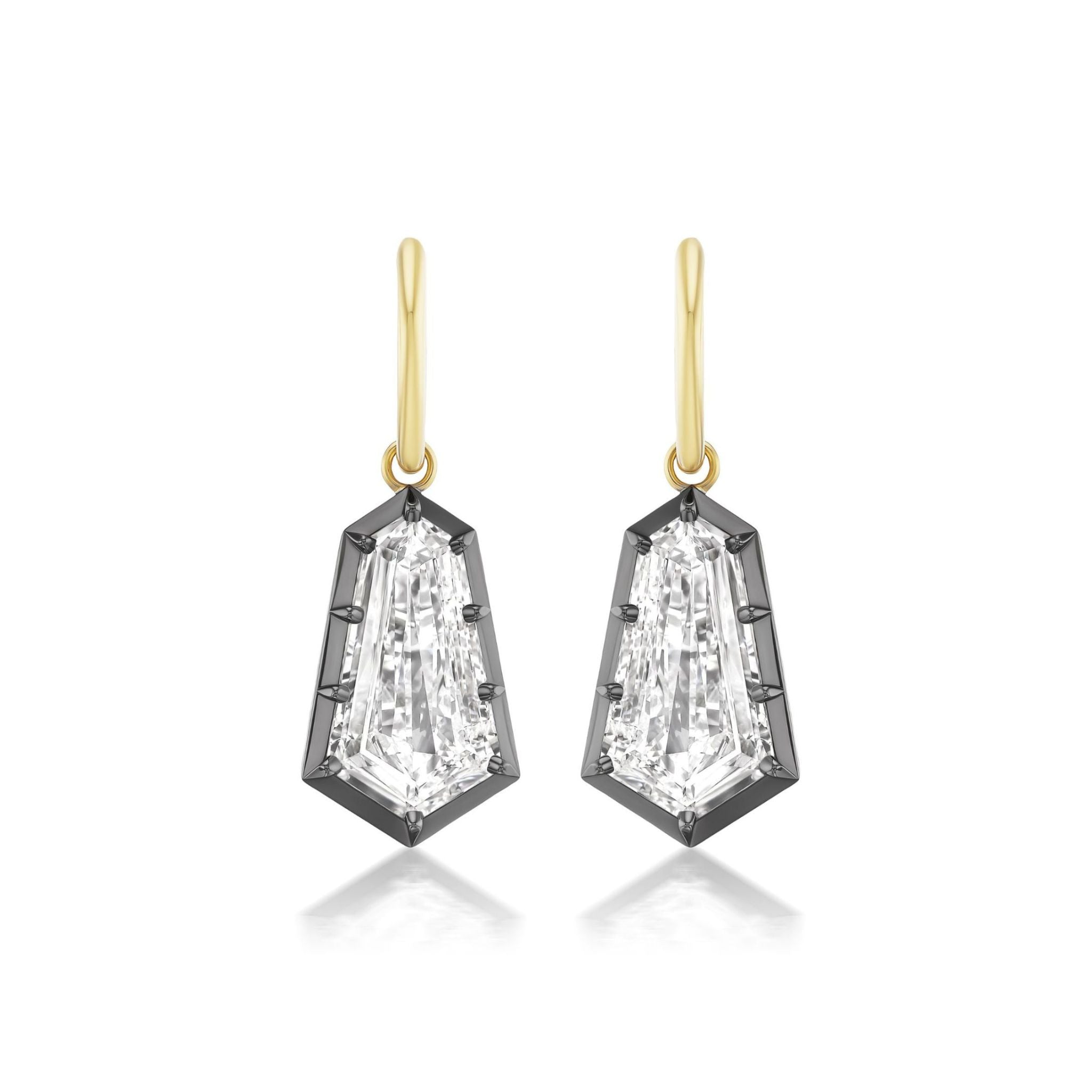 Collet Set Shield Shape Diamond Drop Earrings feature geometric, shield-shaped diamonds set in sleek black rhodium frames and suspended from delicate 18k yellow gold hooks, shown against a white background.