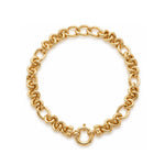 The Gold Link Necklace, crafted in 18K Yellow Gold with round interlocking links and a bold bolt ring clasp, is elegantly displayed on a white background.