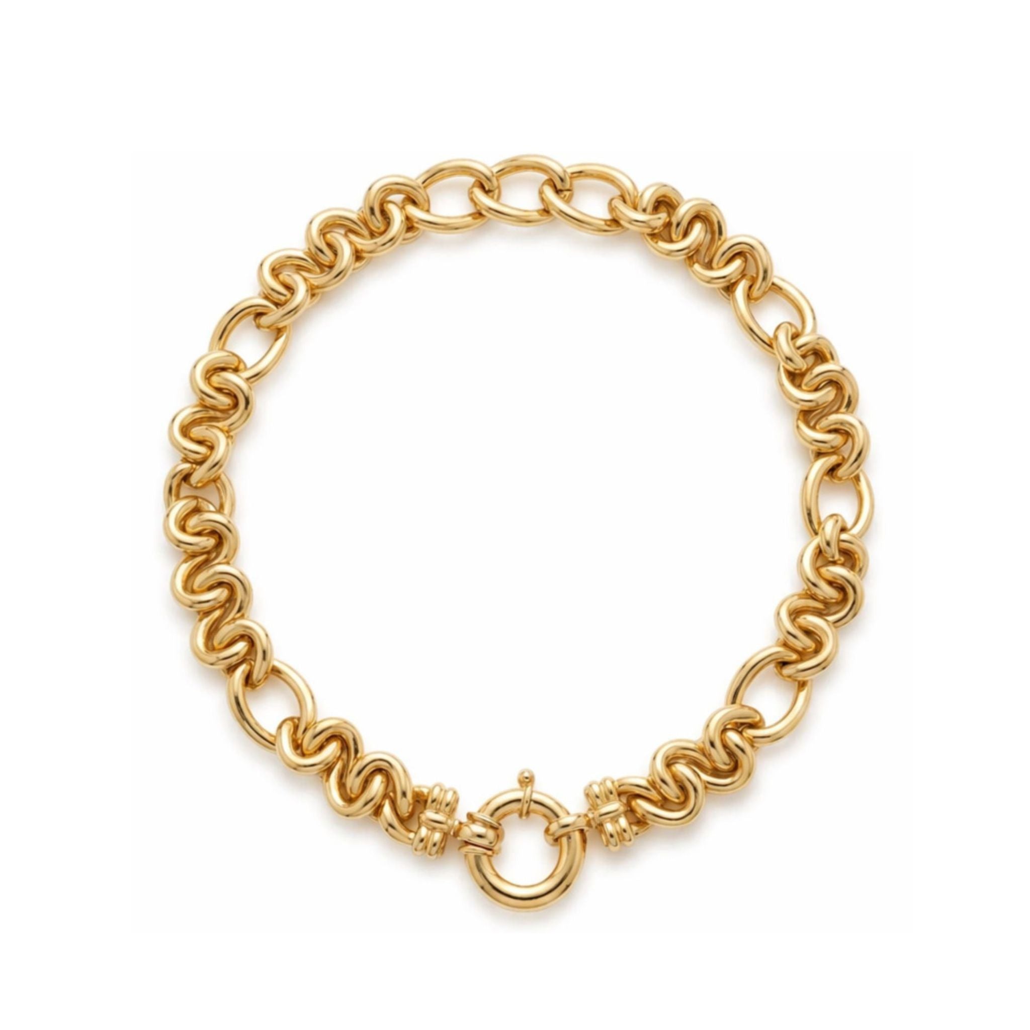 The Gold Link Necklace, crafted in 18K Yellow Gold with round interlocking links and a bold bolt ring clasp, is elegantly displayed on a white background.