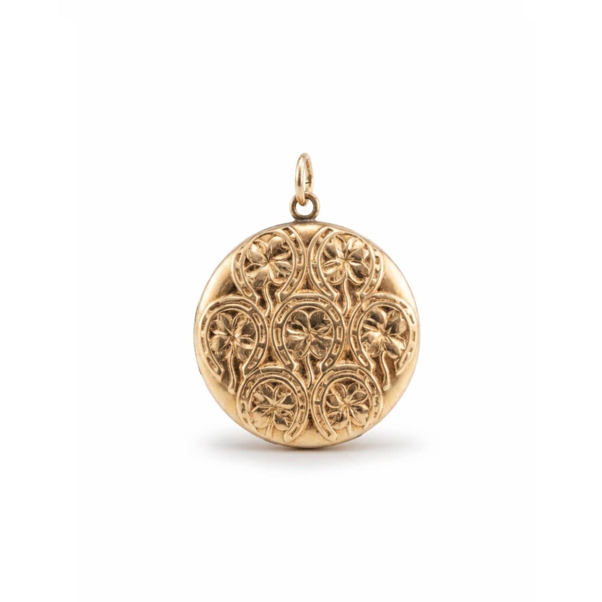 Victorian Horseshoe and Clover Engraved Gold Locket in 14K gold, featuring an intricate embossed floral and horseshoe design on the front, is beautifully displayed against a plain white background.