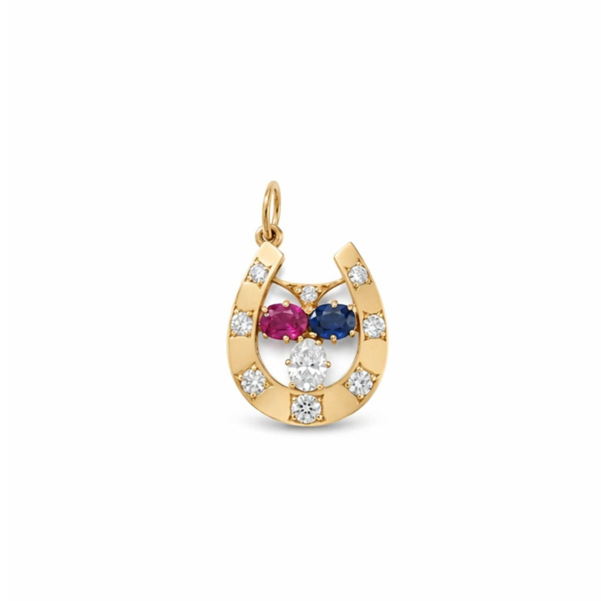Sapphire, Ruby and Diamond Pendant in 18K gold with diamond accents, showcasing a striking arrangement of sapphire, ruby, and diamond gemstones at the center, displayed on a white background.