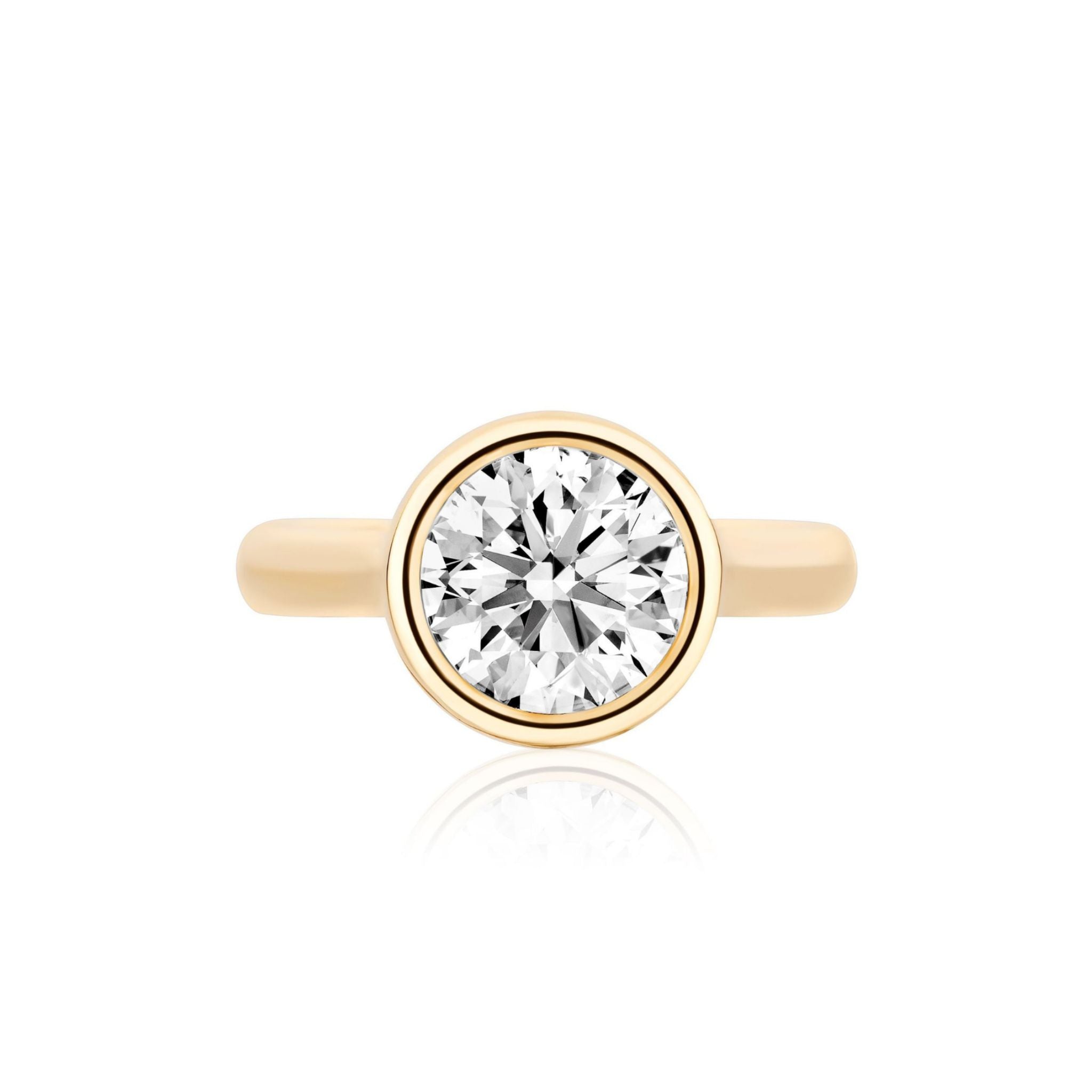 Bezel Set Round Diamond Engagement Ring featuring a round, bezel-set diamond solitaire on a plain gold band, displayed on a white background.
