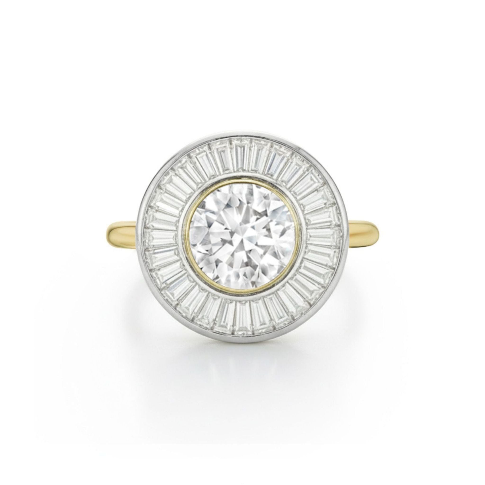 A Round Diamond and Channel Set Tapered Baguette Diamond Halo Engagement Ring in Yellow Gold, featuring a round center diamond surrounded by channel-set tapered baguette diamonds in a halo setting, with a two-tone design that includes a white metal bezel around the diamonds.