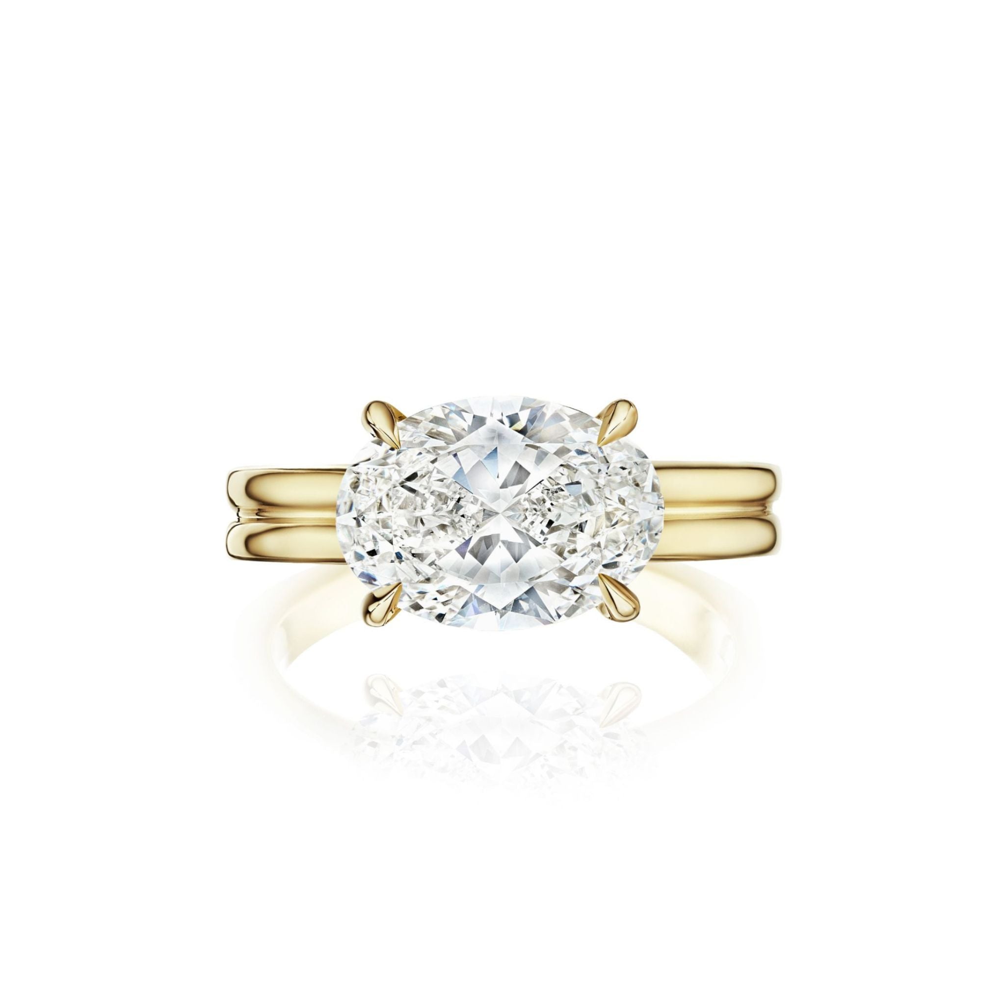 East-West Oval Diamond Double Band Engagement Ring in Yellow Gold, featuring a large oval diamond set horizontally in a four-prong setting, displayed from the front on a white background.