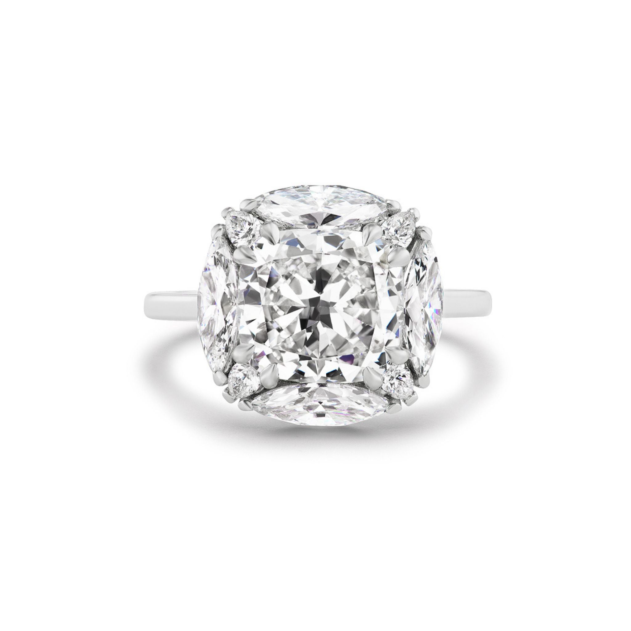 A close-up of the Cushion Cut Diamond Engagement Ring with Marquise and Pear Diamond Halo, showcasing its striking cushion-cut center diamond surrounded by a halo of marquise and pear-shaped accent diamonds—an elegant choice for those in search of timeless bridal rings.