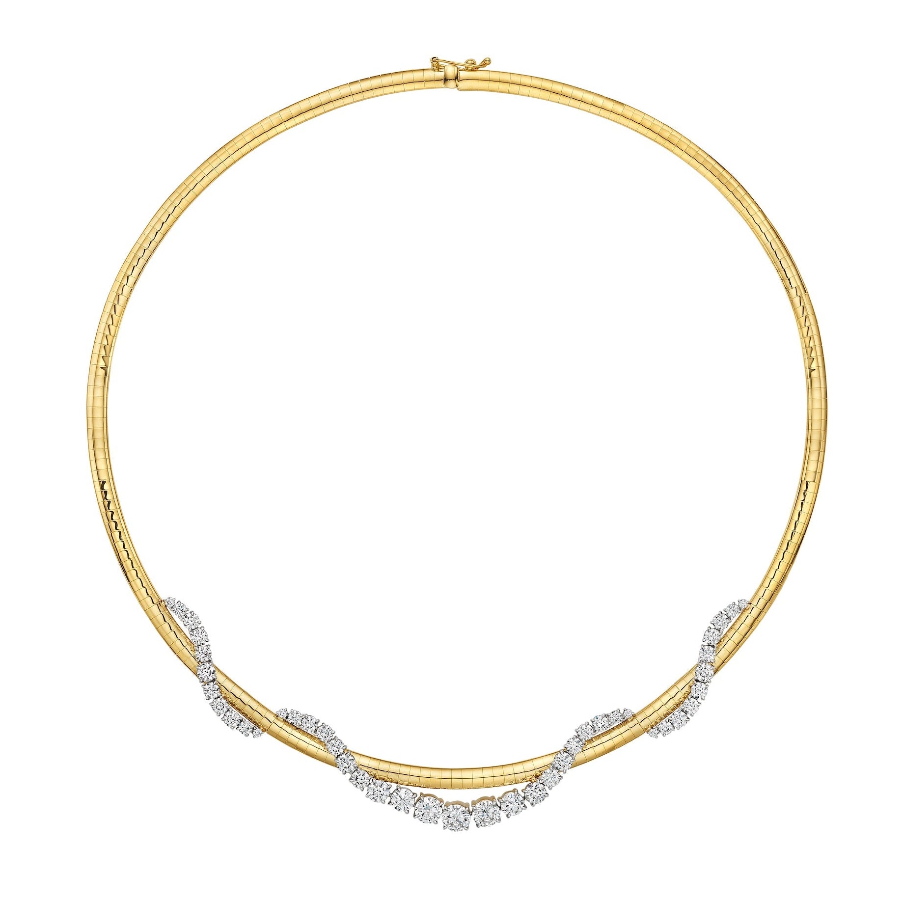 The Coil Graduated Round Diamond and Omega Chain Necklace in Yellow Gold and Platinum features a smooth finish and a wavy pattern of round natural diamonds set along the lower front.