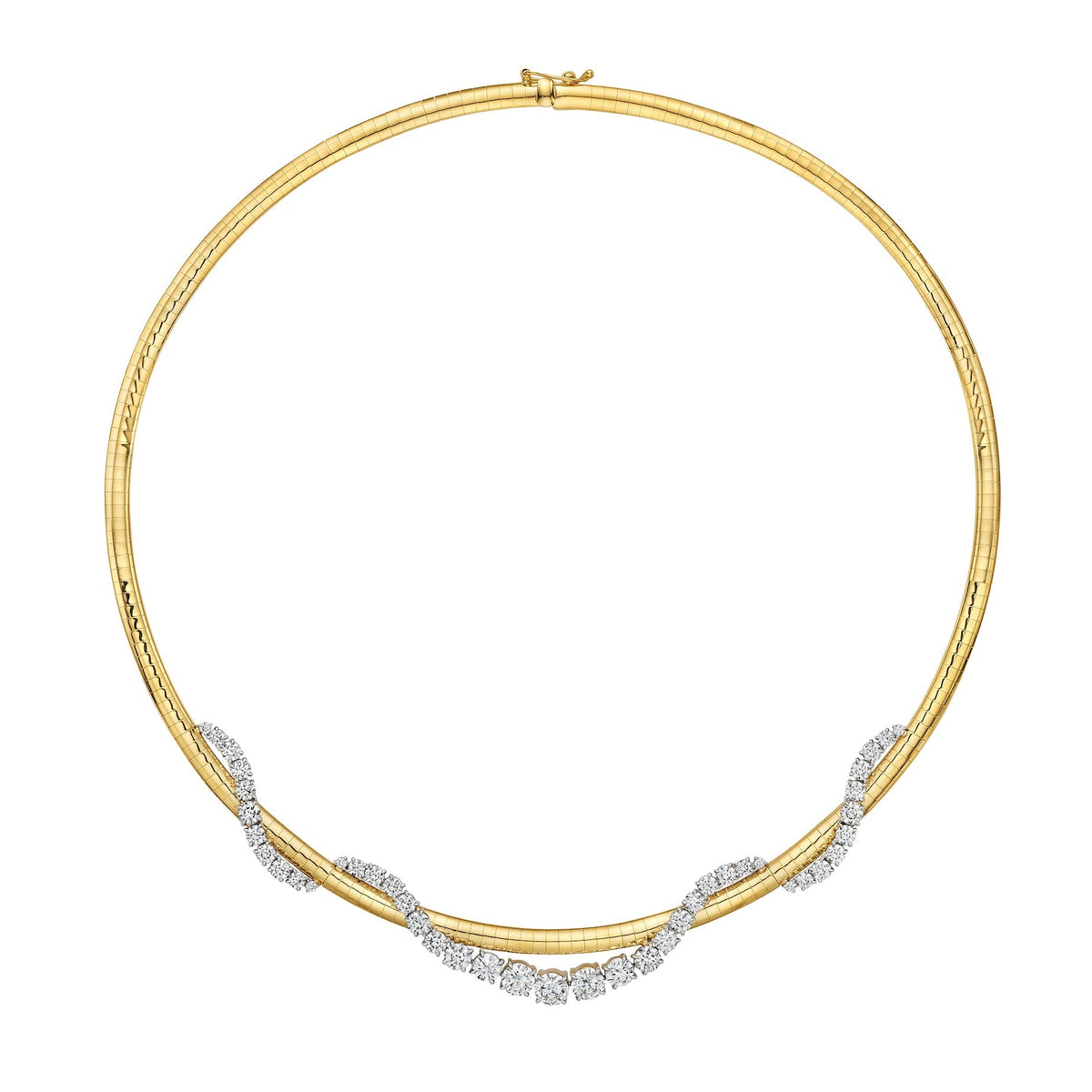 Coil Graduated Round Diamond Omega Chain Necklace in Yellow Gold and Platinum