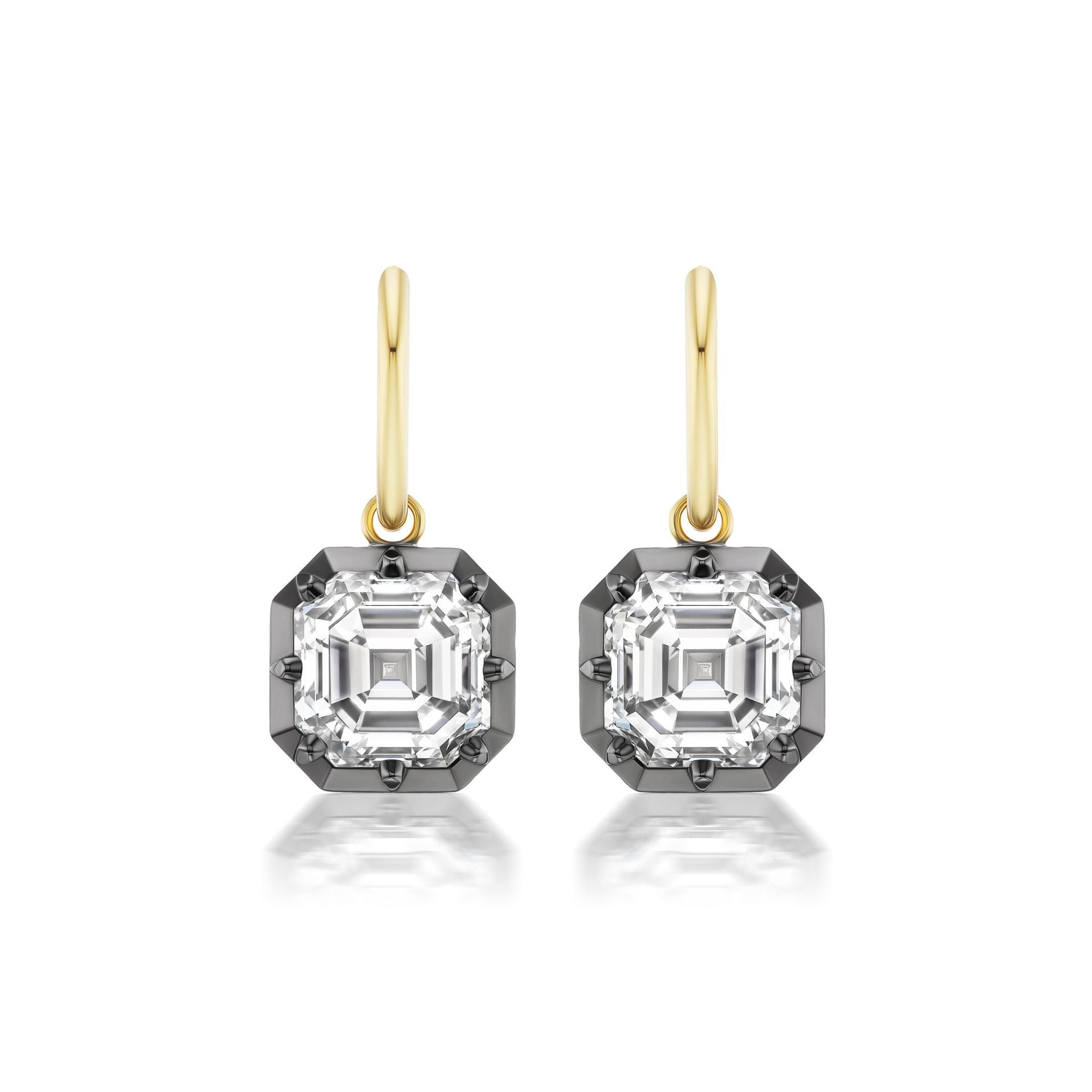 Collet Set Asscher Cut Diamond Drop Earrings in Black Rhodium and Yellow Gold, showcasing octagon-shaped clear gemstones reminiscent of Asscher cut diamonds set in prongs, feature a modern and elegant design displayed on a white background.