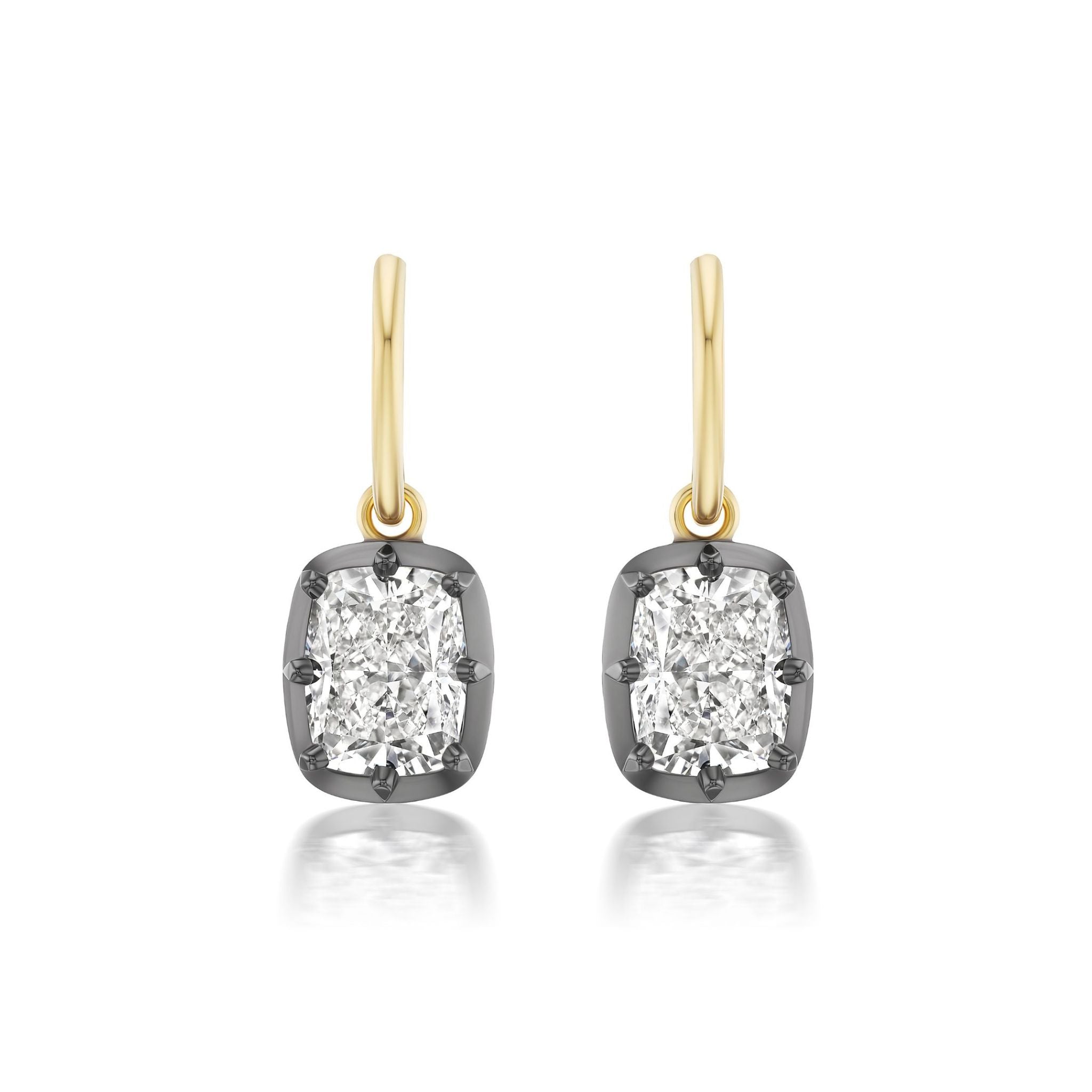 A pair of Collet Set Cushion Cut Diamond Earrings in black rhodium and yellow gold, featuring cushion-cut diamonds set in dark metal prongs, displayed against a white background.