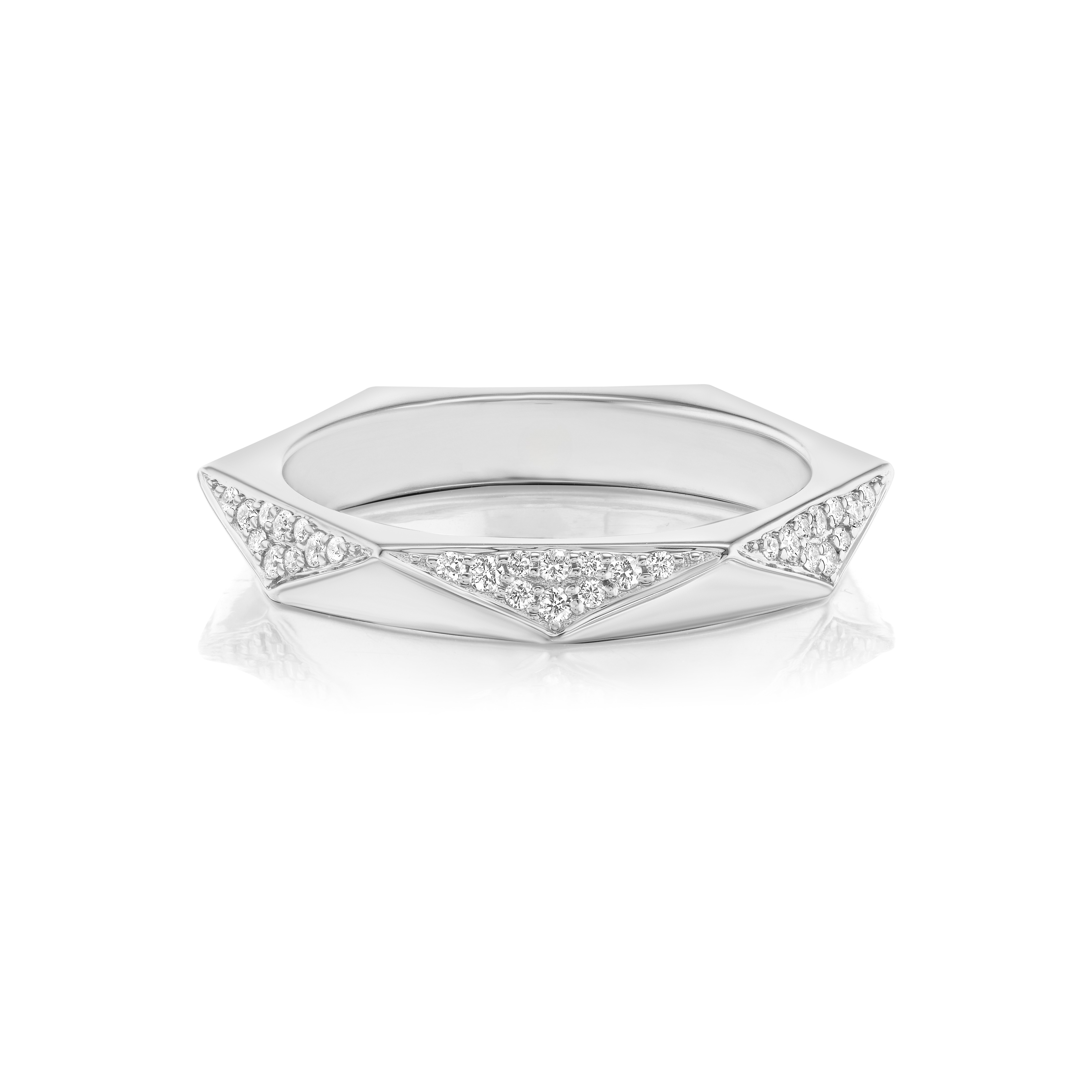 The Triangular Geometric Pavé Band is crafted in silver with a faceted design, featuring SI clarity diamonds set in triangular sections along the band, shown on a white background.