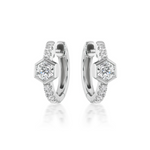 Pavé Huggies with Hexagon Bezel Set Diamonds feature a central hexagon-shaped setting with a round diamond and pavé accents along the front, shown on a white background.