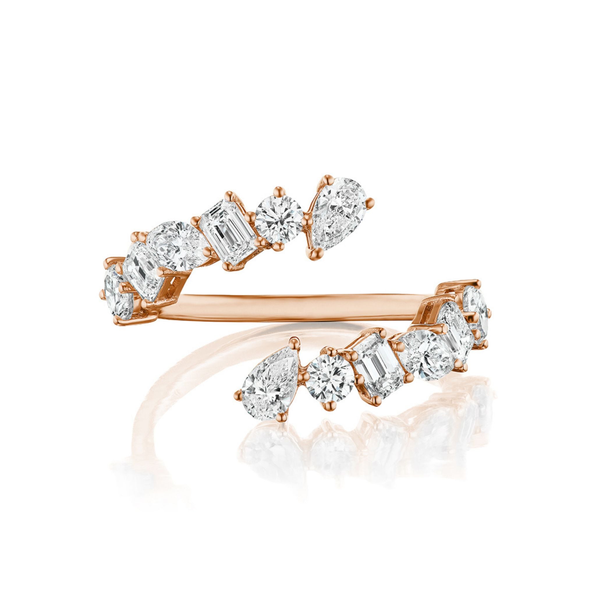 Introducing the Wraparound Ring with Mixed Shape Diamonds: an open ring crafted in 18k rose gold, featuring an asymmetrical arrangement of round brilliant, pear-shaped, and emerald cut diamonds along the band.