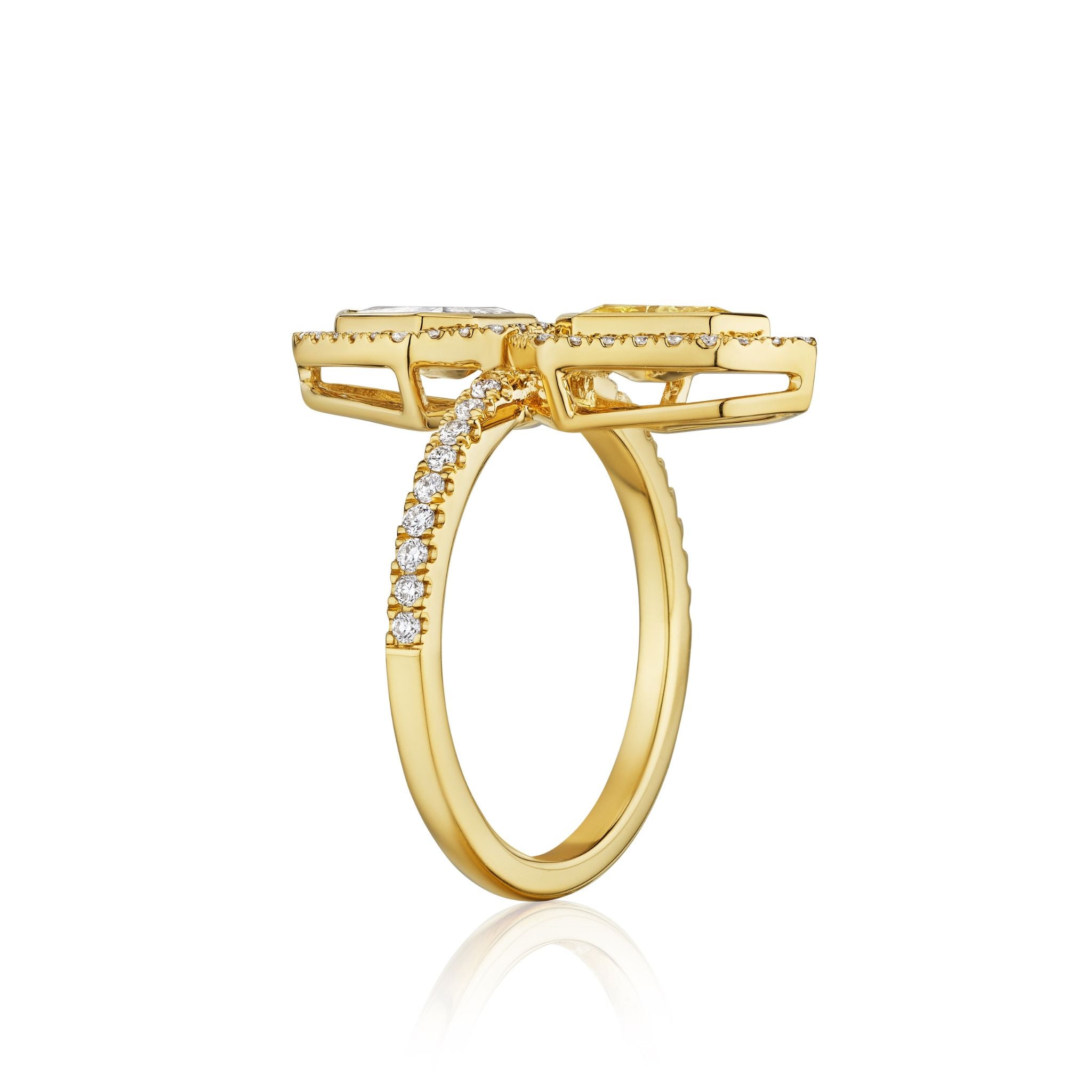 The Yellow Diamond and White Diamond Double Shield Ring with Halo in Yellow Gold features a double shield design with sparkling white diamonds set along the band and a geometric rectangular top, shown from the side on a white background.